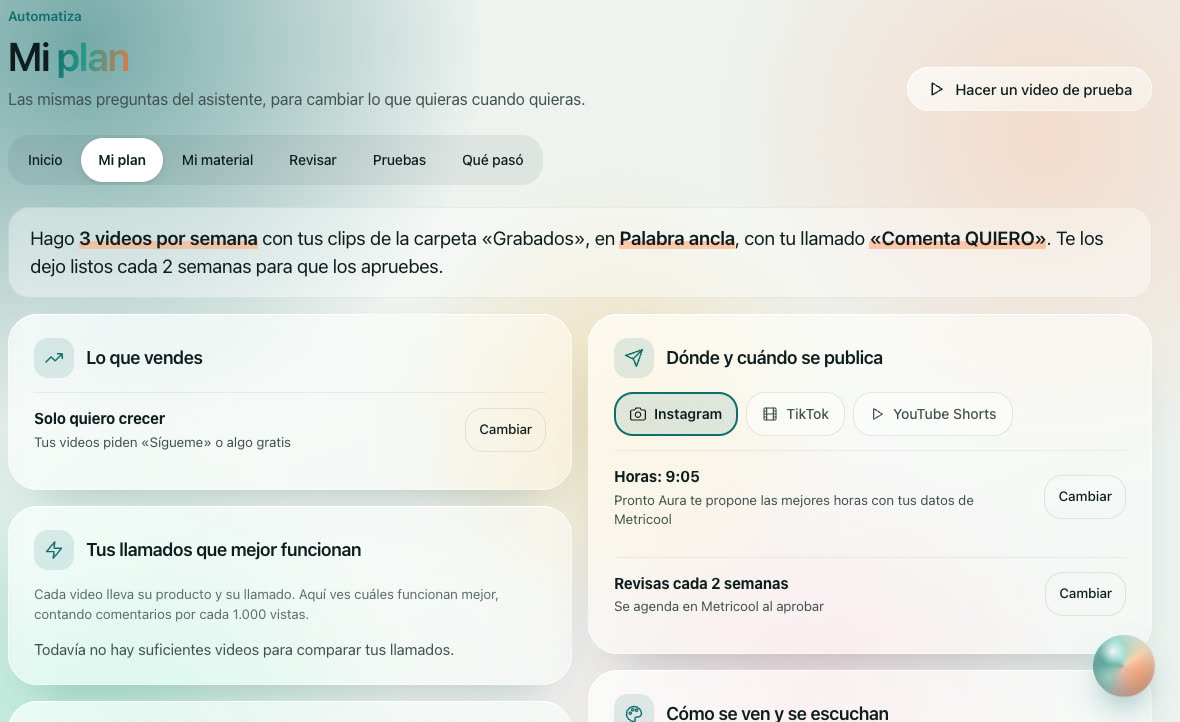 La pantalla Mi plan de Automatiza: una frase que resume el plan, con cuántos videos por semana, la carpeta de donde salen, el estilo y el llamado a la acción, y botones para cambiar cada cosa