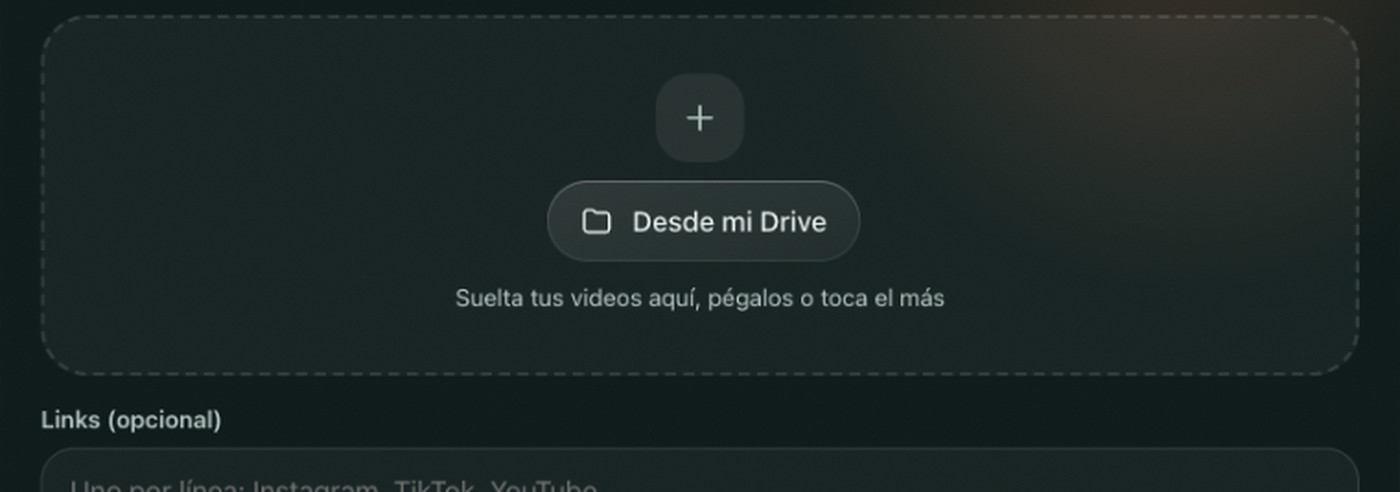 Pantalla de Aura para crear un estilo: zona para soltar videos y campo para pegar enlaces de Instagram, TikTok o YouTube