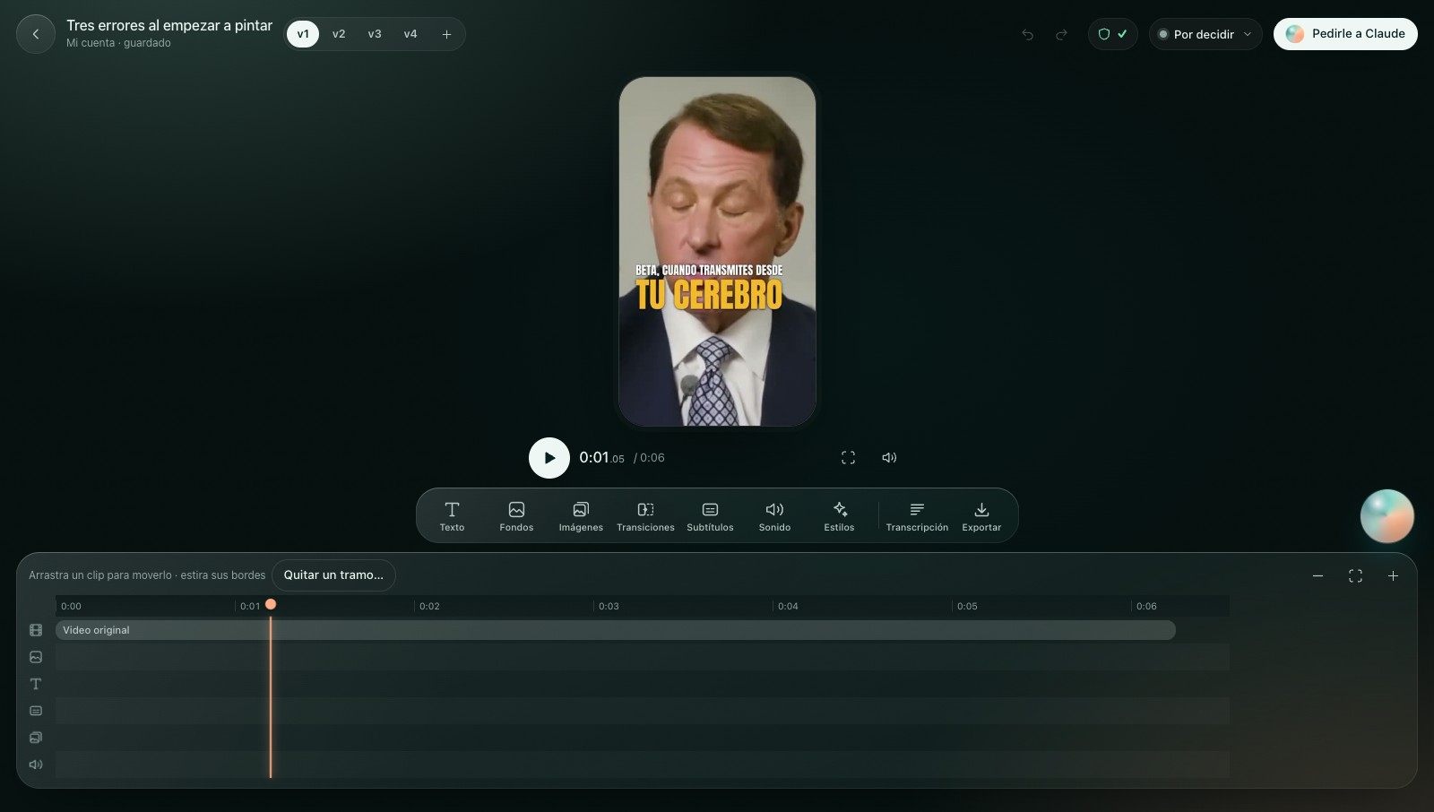 El Estudio: video al centro, herramientas de texto, fondos, imágenes, transiciones, subtítulos y sonido, y la línea de tiempo