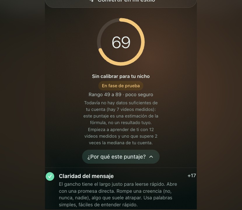 Ejemplo del puntaje de viralidad: un círculo con el número 91, el rango de 82 a 98 y el motivo del puntaje