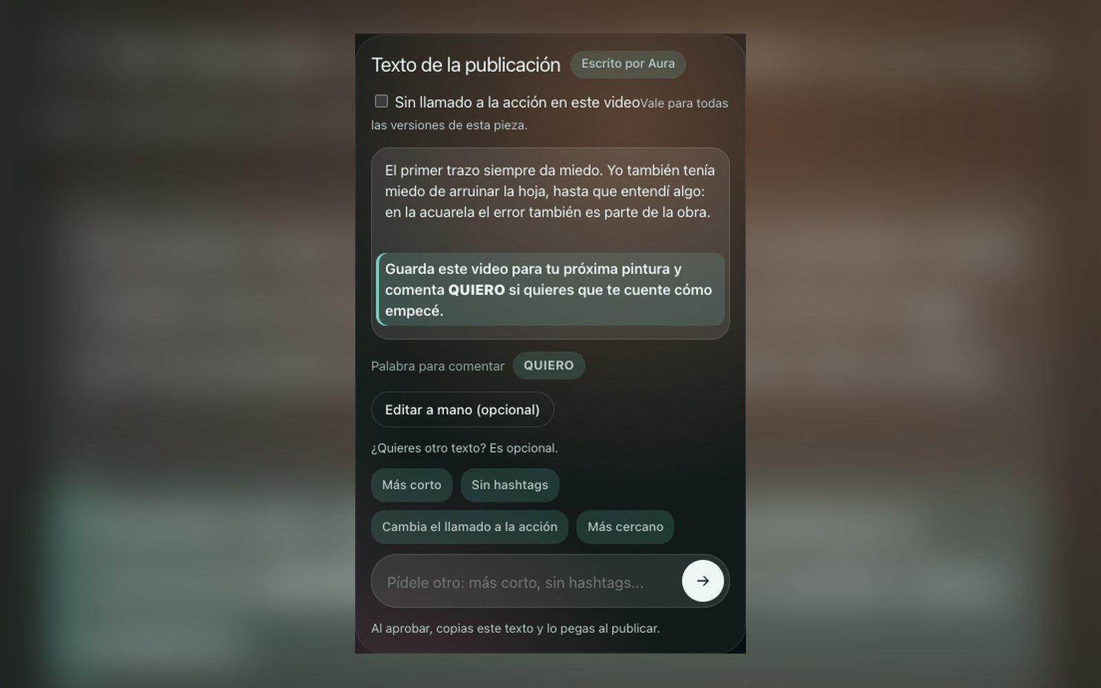 Pantalla de Aura con el texto de una publicación de ejemplo
