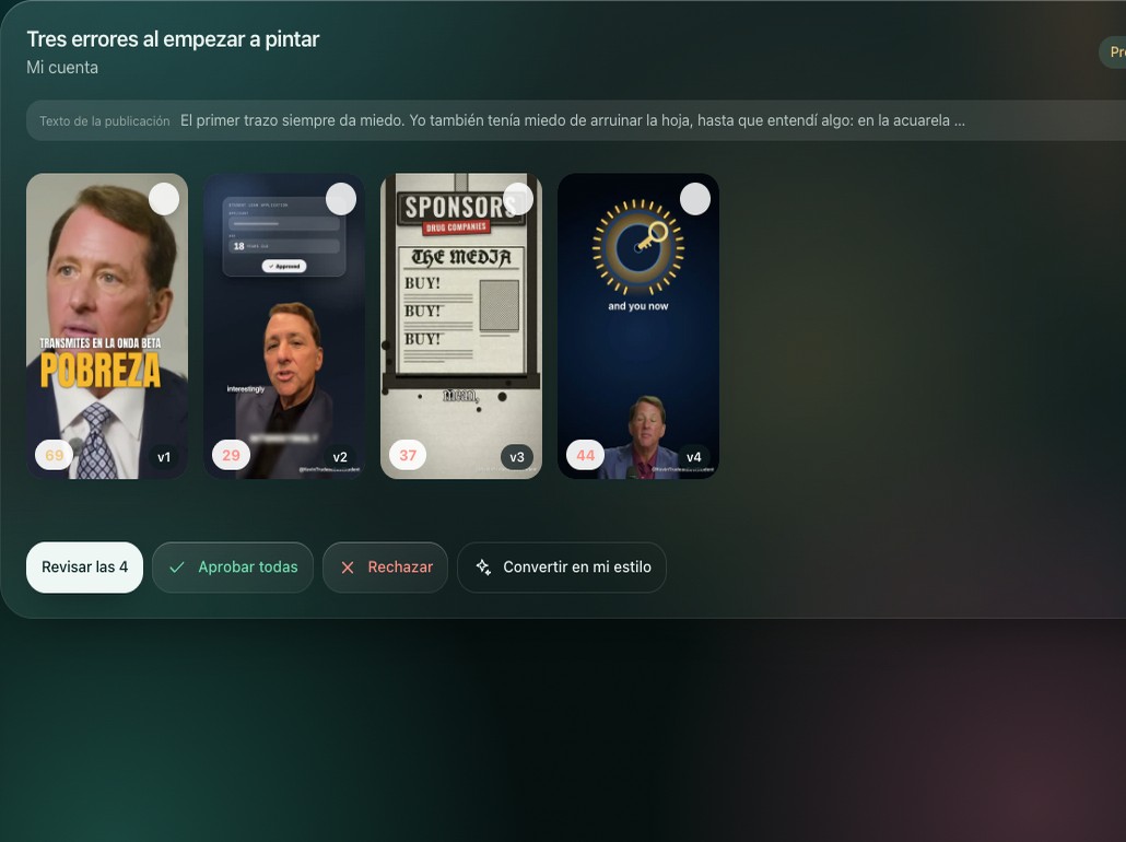 Tres versiones de una pieza en la pantalla Aprobar